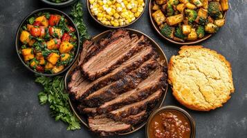 Savor delicious family style dinner featuring tender brisket, vibrant vegetables, and cornbread photo