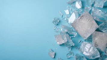 Shattered glass pieces scattered on blue background create chaotic yet captivating scene photo