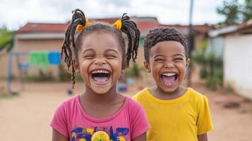Happy children laughing together in playground, enjoying friendship and playtime photo
