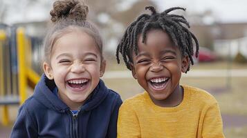 Happy children laughing together on playground, enjoying friendship and fun photo