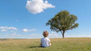 child sitting under tree, daydreaming in serene landscape with blue skies and fluffy clouds photo