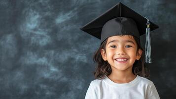 alegre niño vistiendo graduación gorra, sonriente brillantemente en contra oscuro antecedentes foto