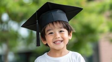 alegre niño vistiendo graduación gorra, sonriente brillantemente en verde al aire libre ajuste foto