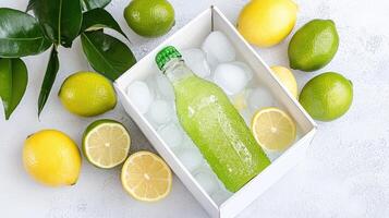 Chilled soda bottle surrounded by fresh limes and lemons on ice, perfect for summer refreshment photo