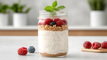 clean breakfast table features glass jar filled with layered yogurt, chia seeds, and fresh photo