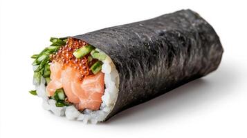 delicious sushi hand roll featuring fresh salmon, vibrant green vegetables, and bright orange photo