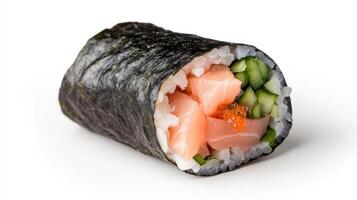 Fresh sushi roll with salmon, cucumber, and rice wrapped in seaweed, perfect for sushi lovers photo