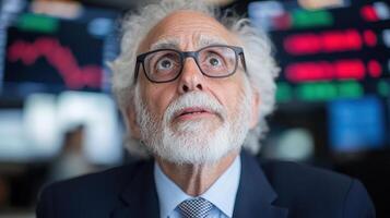 focused investor gazes upward, reflecting on market changes and stock fluctuations photo