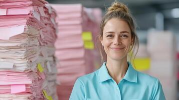 Efficient worker smiling in paper storage area filled with colorful documents photo