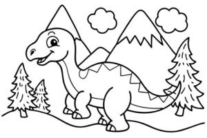 Cute Cartoon Dinosaur Smiling with Mountains Trees in Outline Style Isolated vector