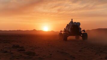 futuristic rover exploring Martian landscape sunset, showcasing dusty terrain and distant photo