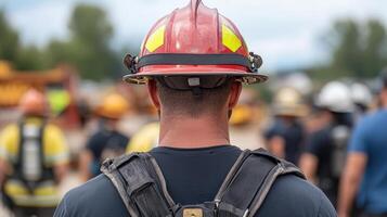 Firefighter in helmet observing community event, showcasing teamwork and dedication photo