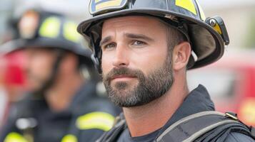 Brave firefighter in uniform, showcasing determination and strength during community event photo