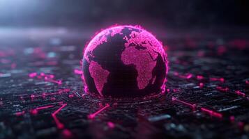 digital globe with glowing pink outlines represents global connectivity and technology photo