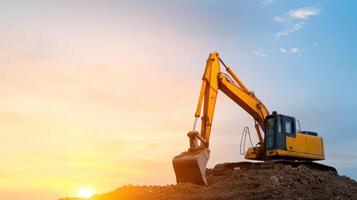 Excavator working on construction site at sunset, symbolizing progress and development photo