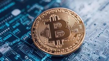 Digital currency concept featuring Bitcoin circuit board background, symbolizing technology and photo