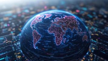 digital globe showcasing interconnected continents with vibrant data patterns, symbolizing photo