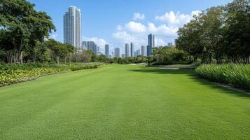 Lush green park with skyscrapers in background, creating serene urban escape photo