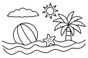 Beach Ball, Starfish, Palm Tree, Sun and Cloud in Black Outline with Waves on Beach vector