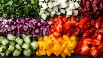 Fresh chopped vegetables arranged in vibrant rows, showcasing colorful salad preparation photo