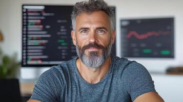 confident man with beard is focused on cryptocurrency investments, surrounded by digital charts photo