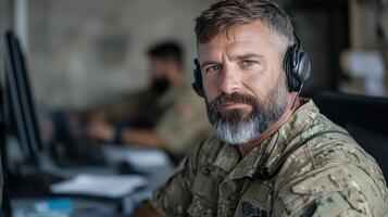 Military personnel focused on crisis response, wearing headsets and working in command center photo