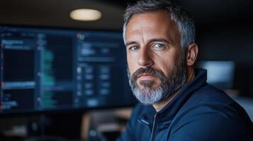focused cybersecurity expert analyzing data on multiple screens, showcasing modern workspace photo
