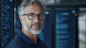 Experienced professional with glasses, smiling confidently in tech environment photo