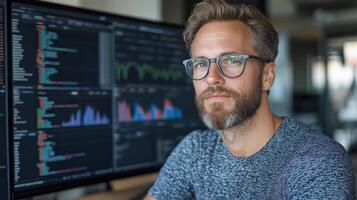 Data scientist analyzing predictive models with graphs and charts photo