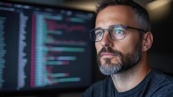 focused data scientist analyzing complex algorithms on computer screen photo