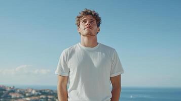 young man stands outdoors, gazing upwards with thoughtful expression against clear blue sky photo