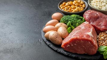 Fresh meat, eggs, nuts, and vegetables arranged dark surface, showcasing healthy food choices photo