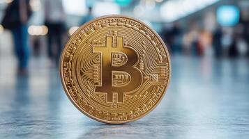 shiny gold coin representing digital currency stands prominently modern setting, symbolizing photo