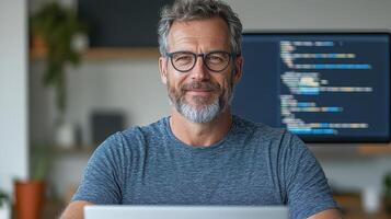 confident developer working on laptop in modern workspace, surrounded by code photo