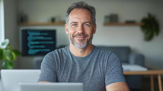profesional hombre sonriente mientras trabajando en ordenador portátil en moderno oficina ambiente foto