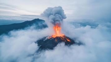 Majestic volcanic eruption with lava and smoke billowing into sky, creating dramatic scene photo
