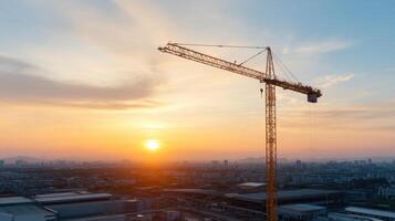 construction crane stands tall against vibrant sunset, symbolizing progress and development photo