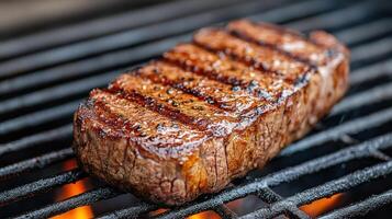 Juicy steak grilling over open flame, showcasing perfect sear marks and rich flavor photo