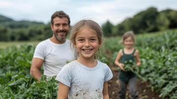 joyful girl smiles while helping on organic farm with family members nearby photo