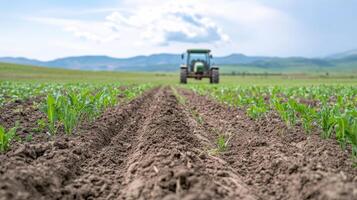 tractor working in lush green field, cultivating rows of young crops under bright sky photo