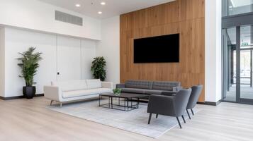Modern corporate lounge with stylish furniture and warm wooden accent wall, creating welcoming photo