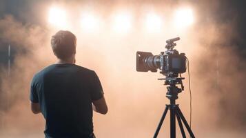 photographer prepares for shoot with camera on tripod, surrounded by dramatic lighting photo