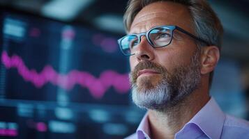 focused financial analyst contemplating market trends with data visuals in background photo