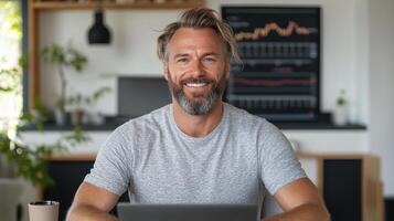 cheerful man with beard is sitting desk, working laptop modern office space. background features photo