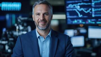 Professional financial news anchor in modern studio, confidently reporting on market trends photo