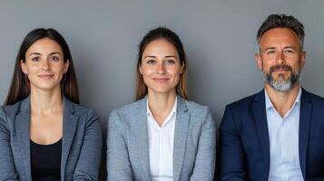 Professional individuals in business attire, smiling confidently against neutral background photo
