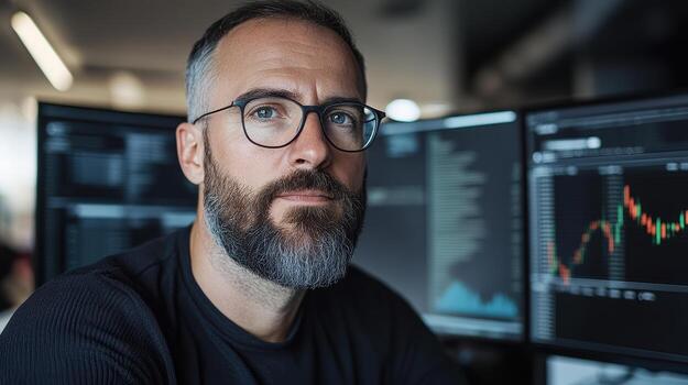 focused financial trader analyzing stock indices in modern office environment photo