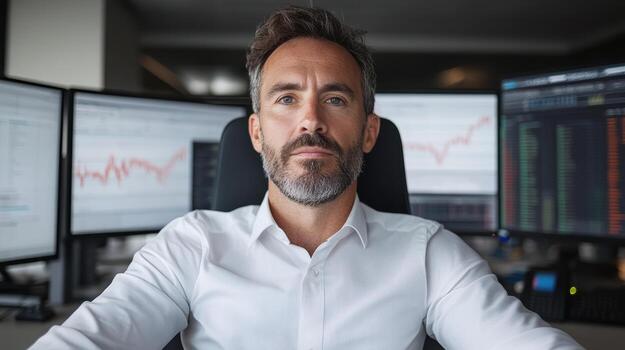 profesional financiero comerciante enfocado en valores análisis en moderno oficina ambiente foto