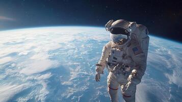 Astronaut floating in space above Earth, showcasing beauty of our planet photo