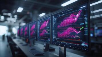 Futuristic trading desk with multiple screens displaying vibrant financial data and graphs photo